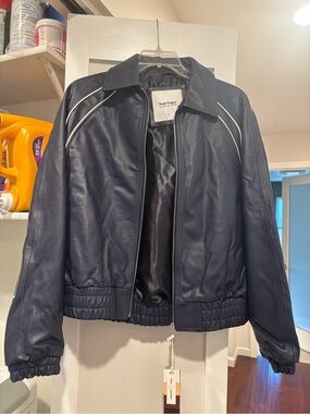 Nude Project Navy Leather Bomber Jacket with White Piping